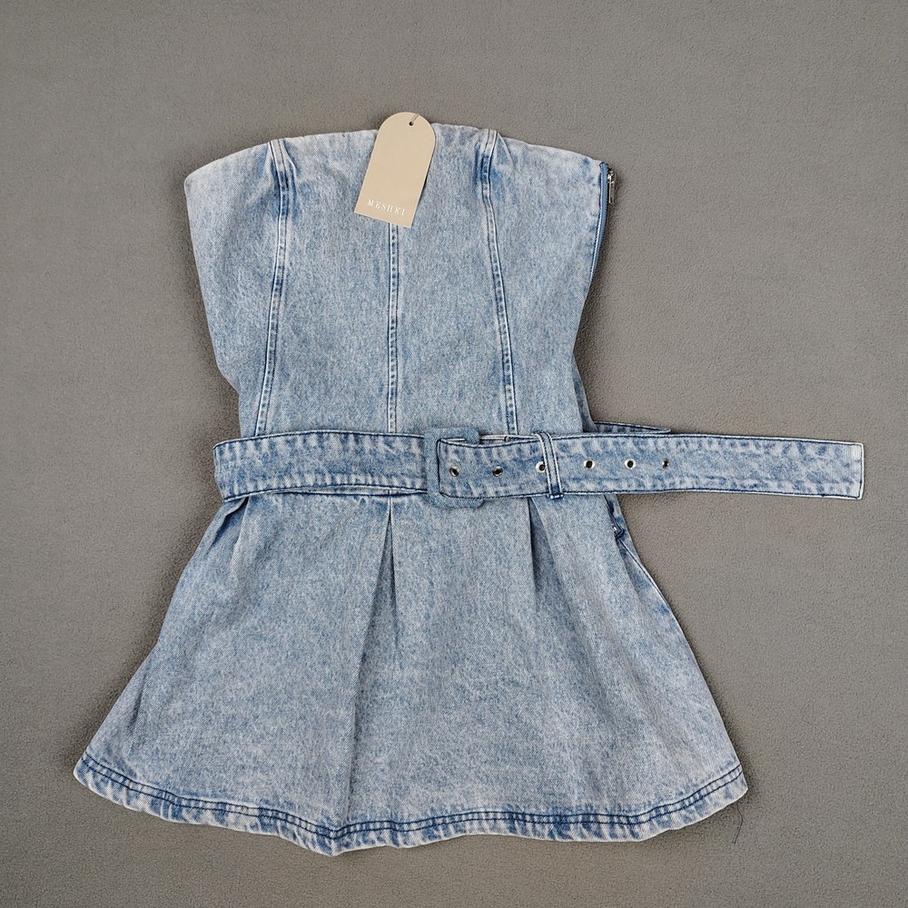 Meshki Mini Dress Medium Strapless Pleated Blue Denim Belted Flirty Festival New